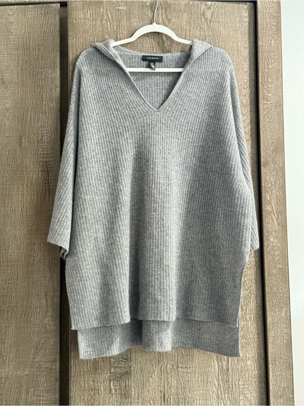 Halogen Light Gray Ribbed V-Neck Hooded Cashmere Sweater